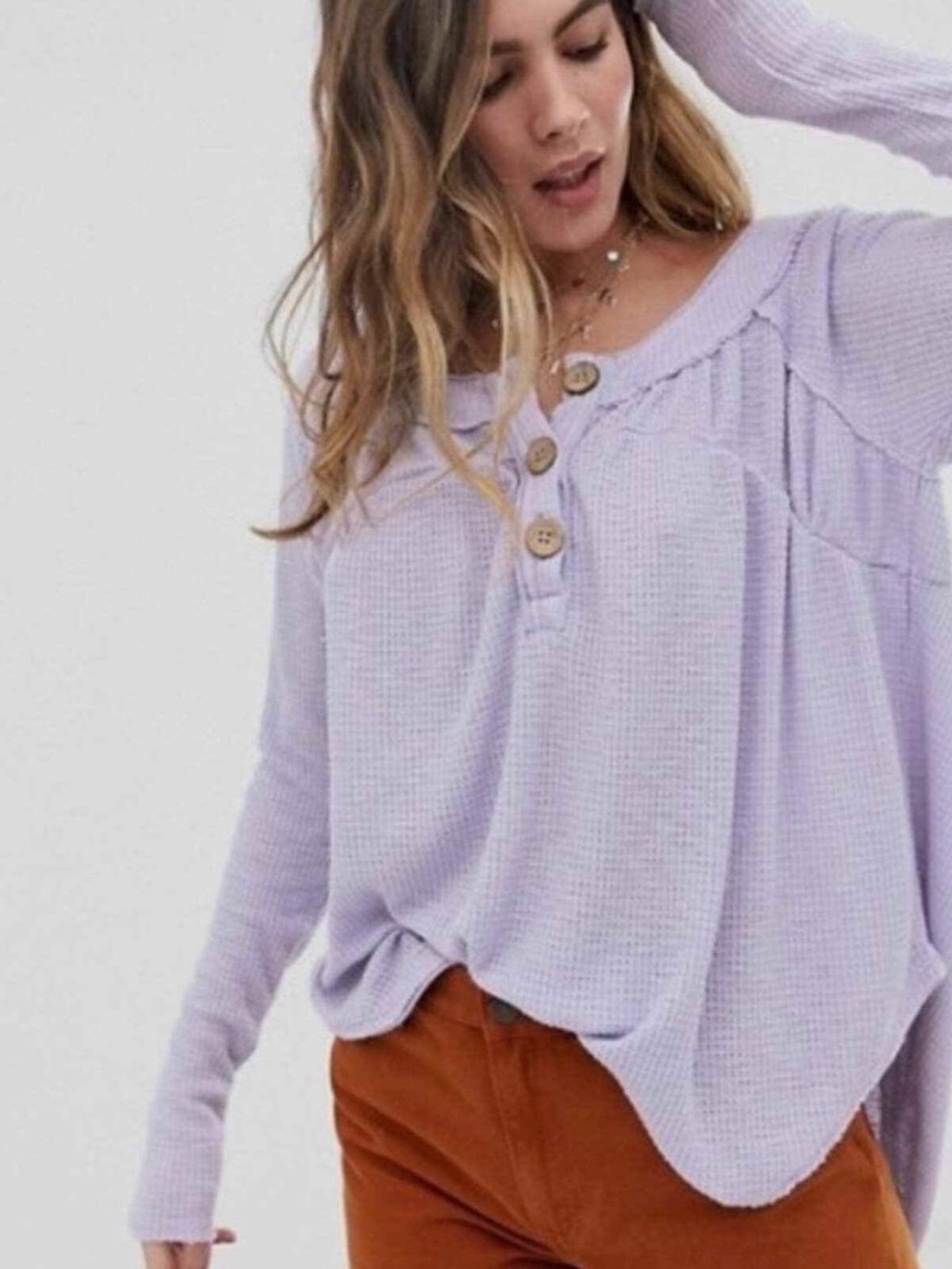 We The Free - Lilac Henley Waffle Knit Long Sleeve Top
